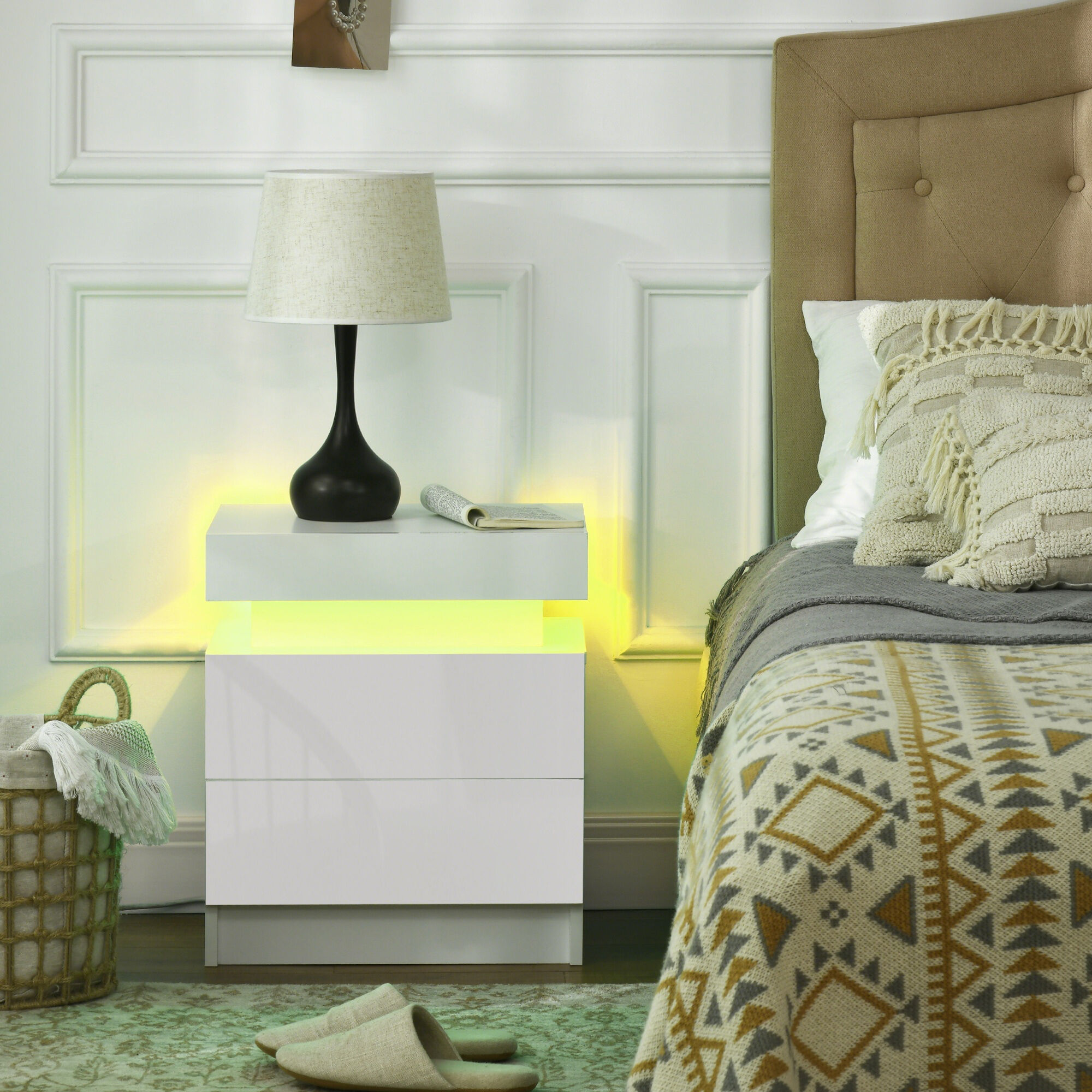 Table de chevet LED 2 tiroirs blanc laqu� - 2