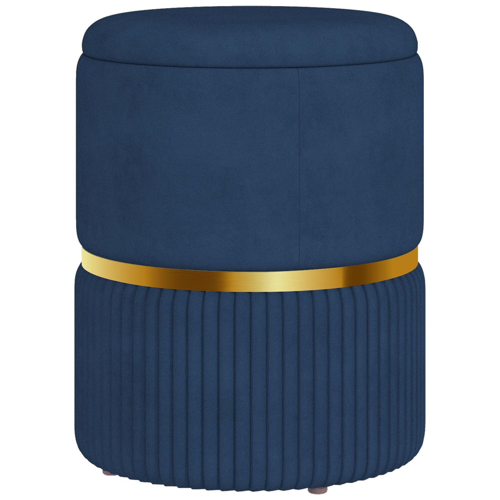 Pouf coffre int�gr� design velours c�tel� acier bross� dor� bleu