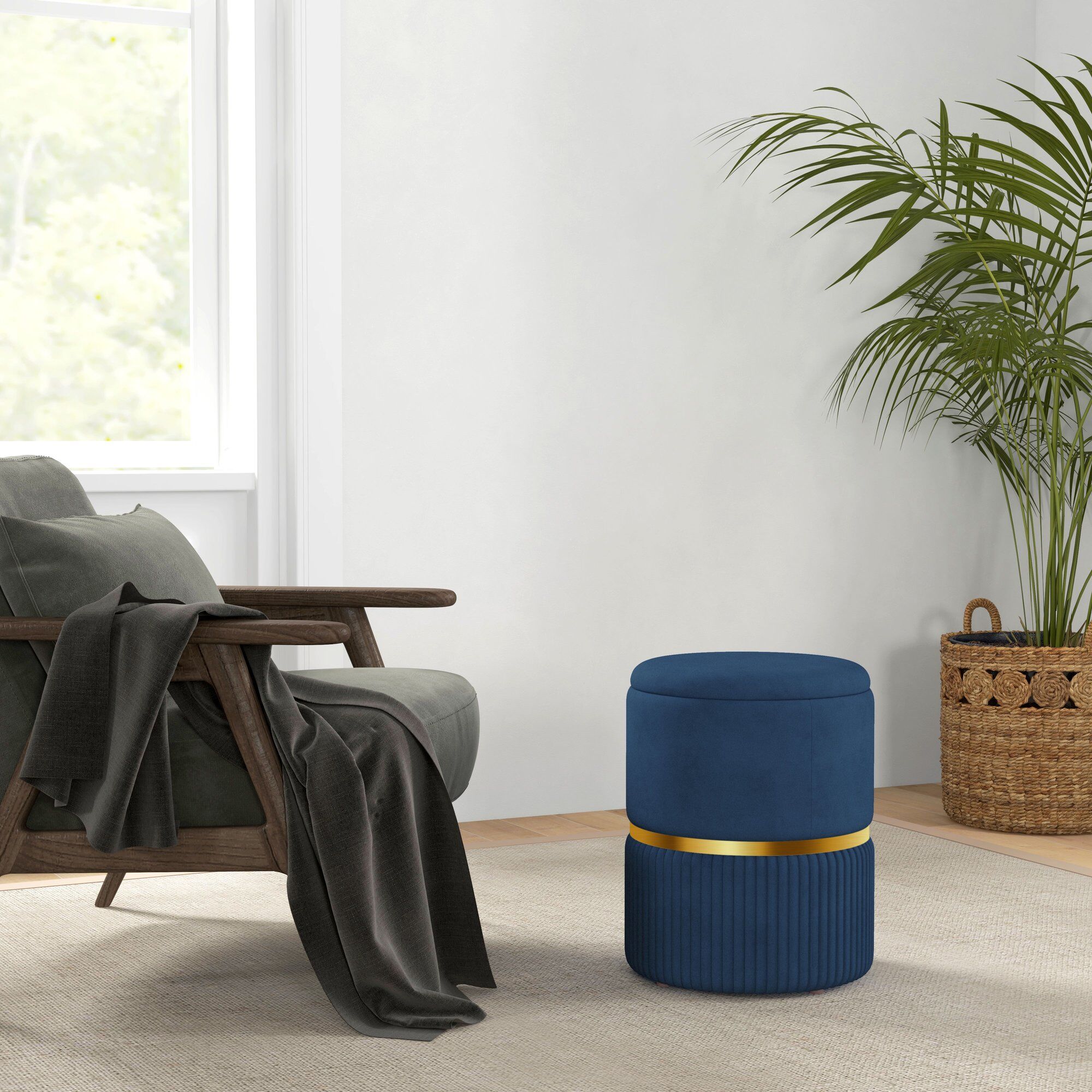 Pouf coffre int�gr� design velours c�tel� acier bross� dor� bleu - 2