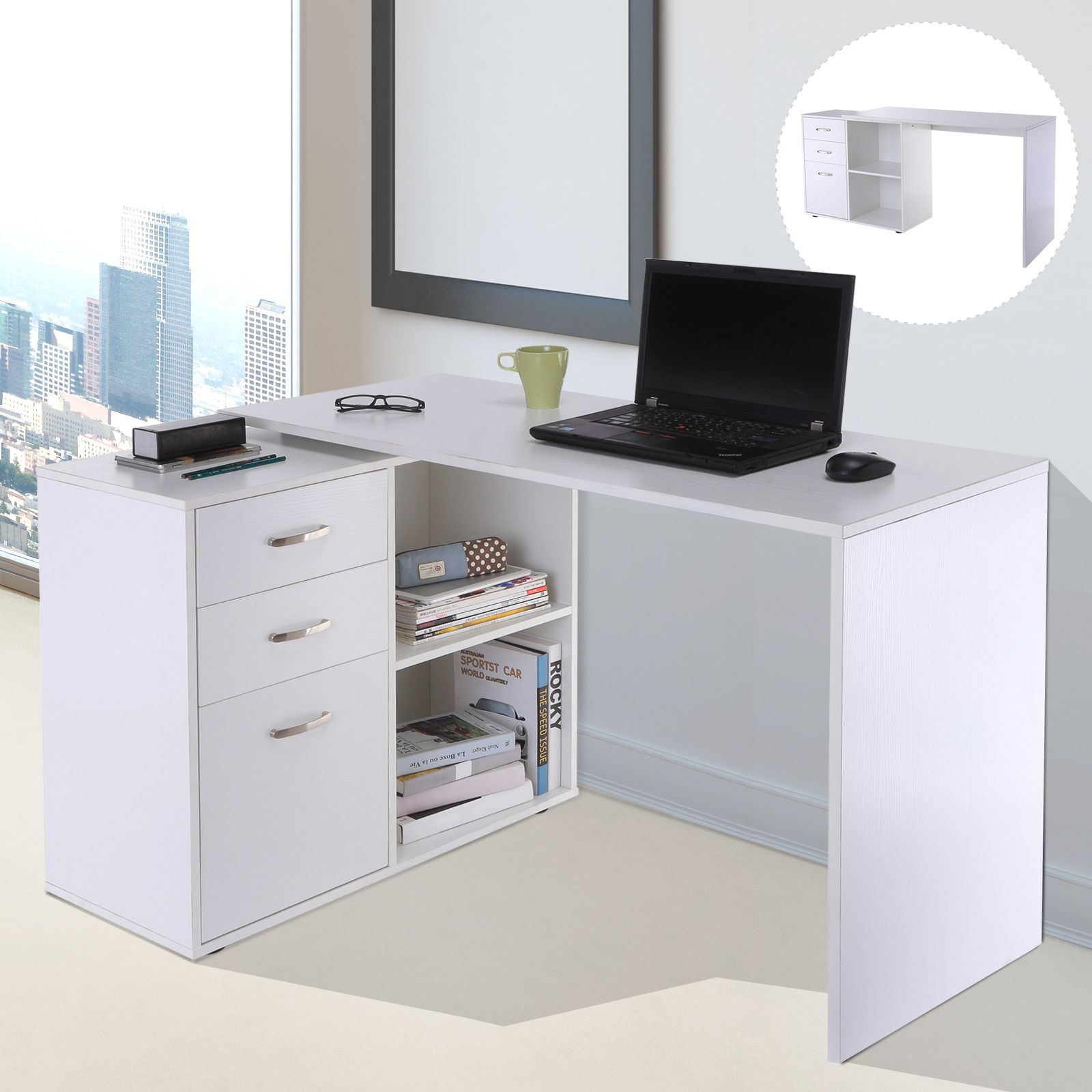 Bureau d'angle bureau droit modulable 2 en 1 blanc - 2