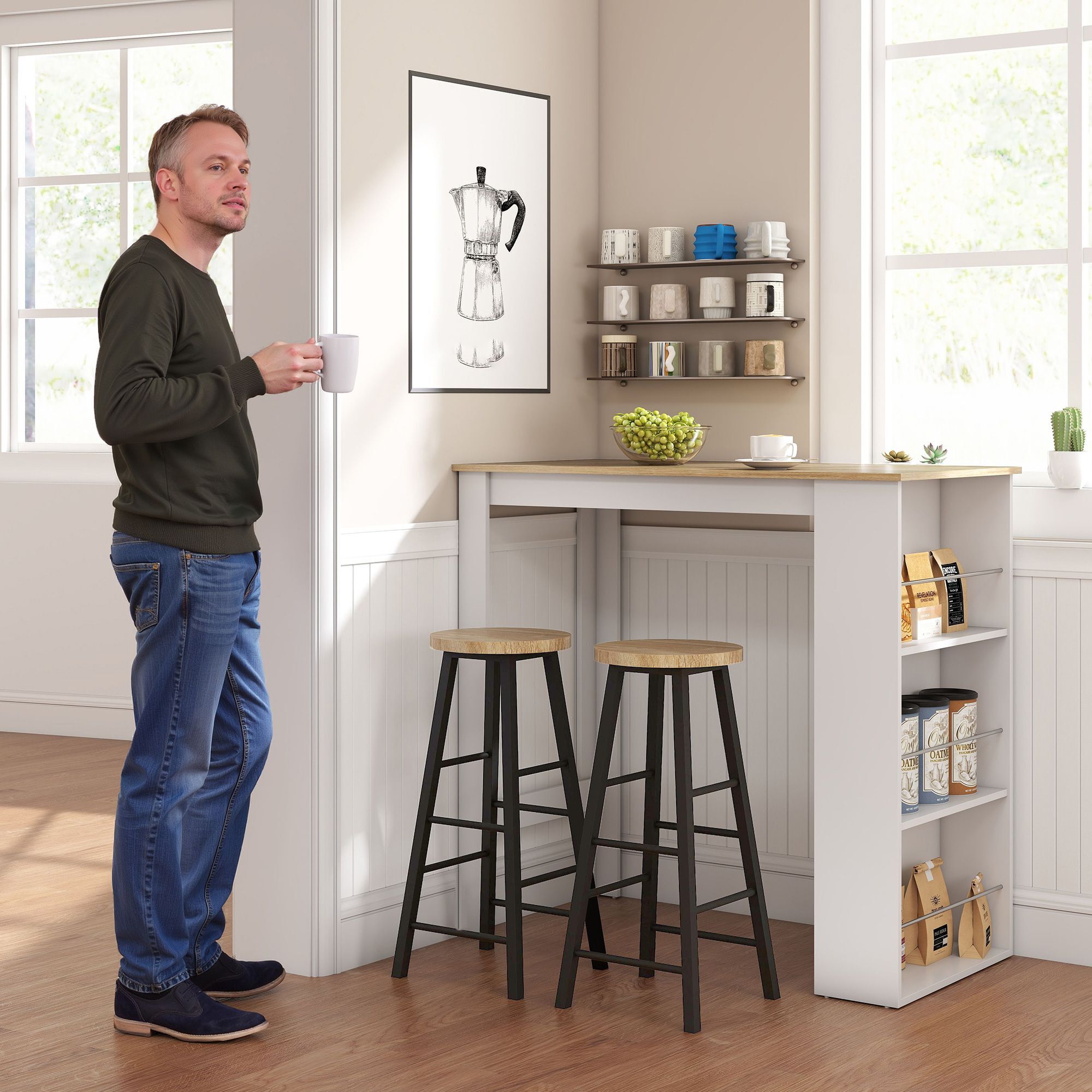 Table de bar mange-debout - 3 �tag�res - aspect ch�ne clair blanc - 5