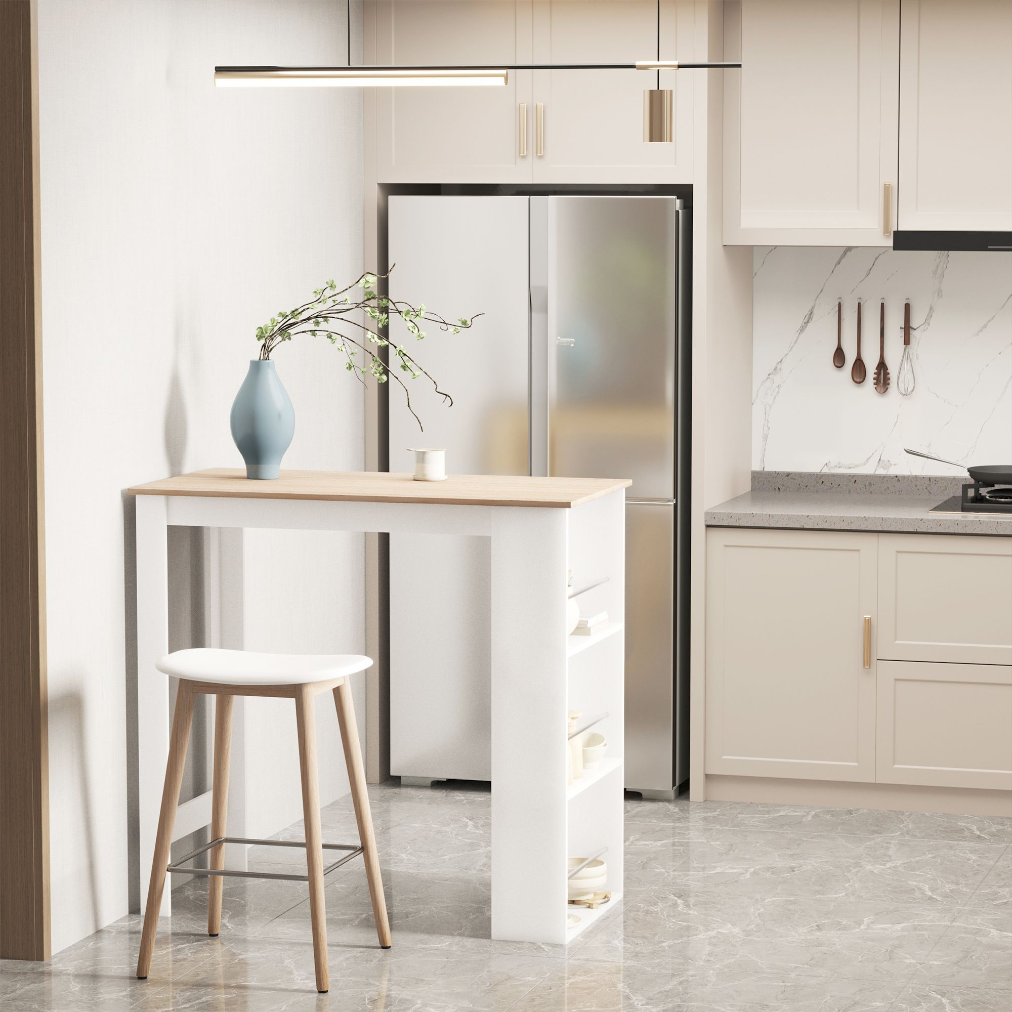 Table de bar mange-debout - 3 �tag�res - aspect ch�ne clair blanc - 2