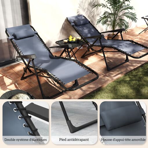 Lot De 2 Chaises Longues Pliables Inclinables Z�ro Gravit� Avec Table D'app... - 8