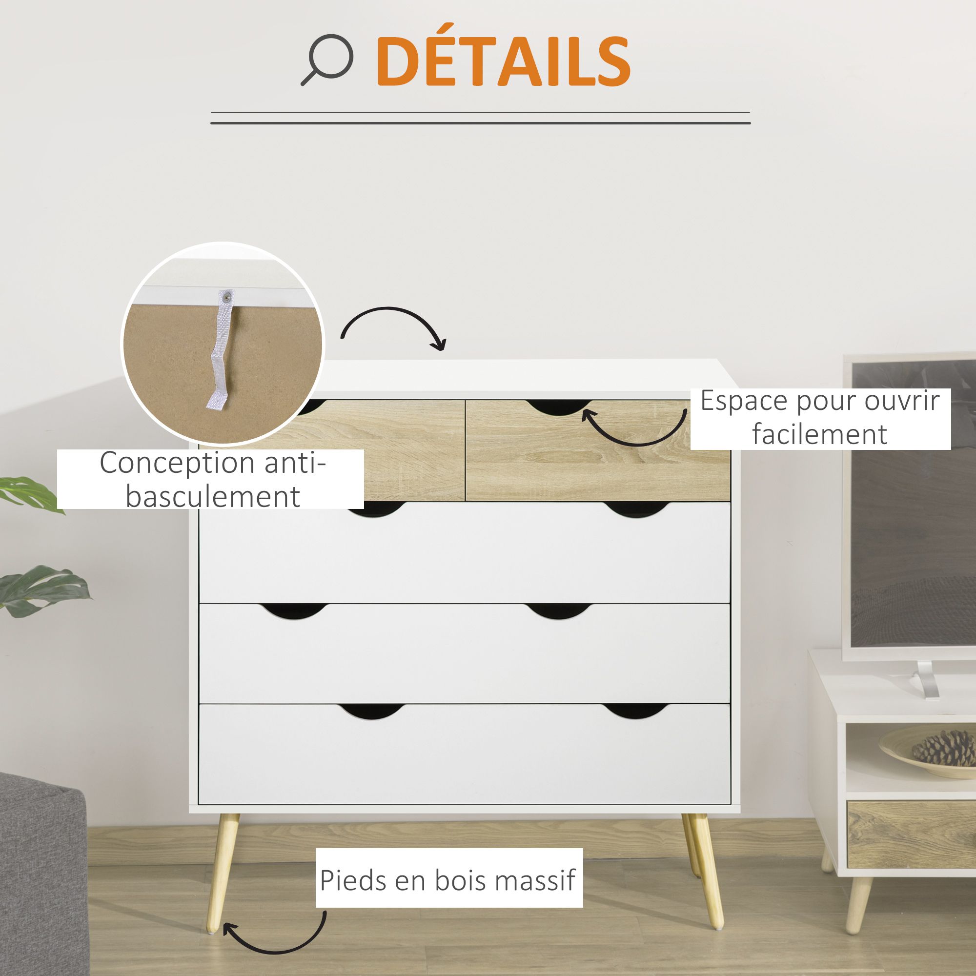 Commode 5 tiroirs design scandinave blanc aspect ch�ne clair - 5