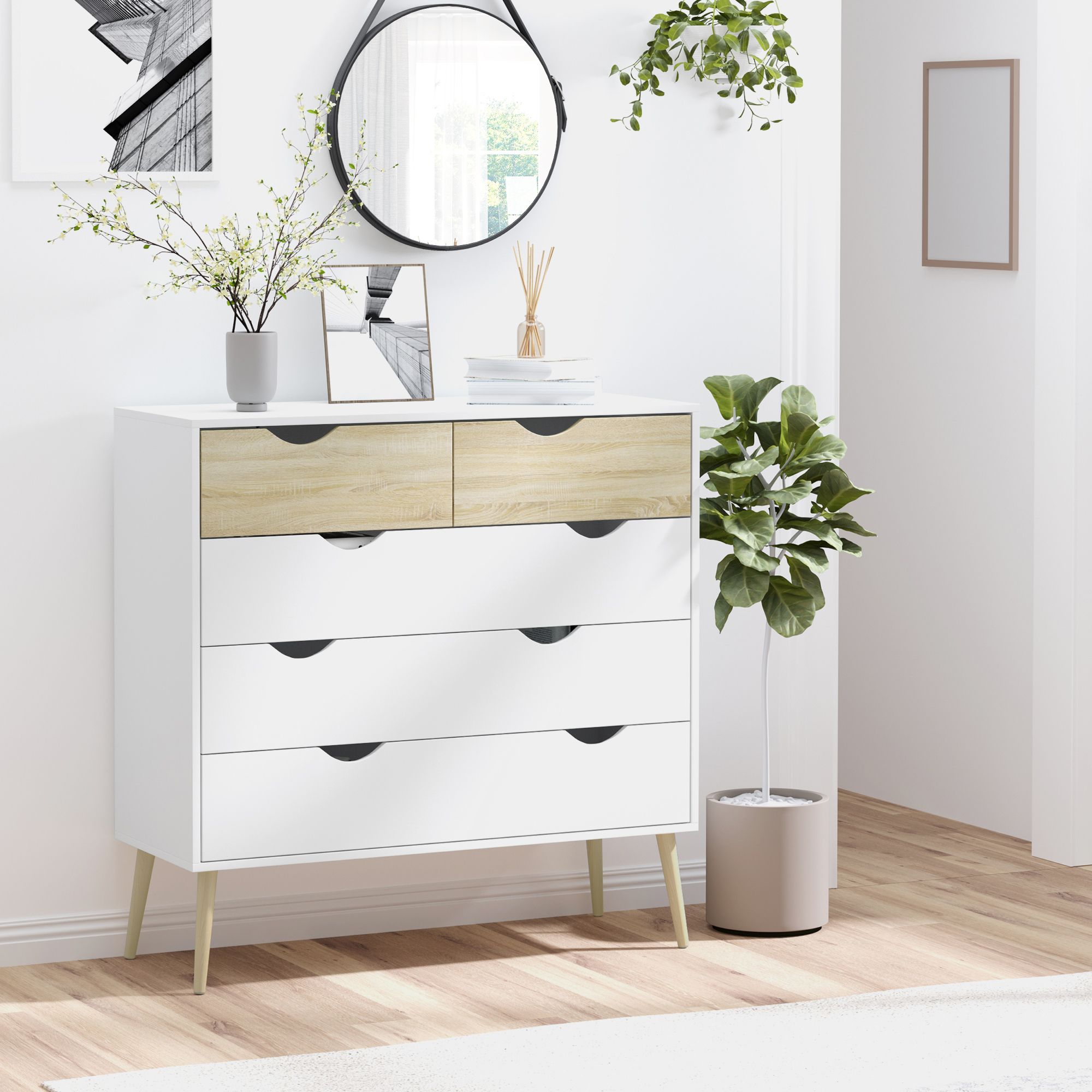 Commode 5 tiroirs design scandinave blanc aspect ch�ne clair - 2