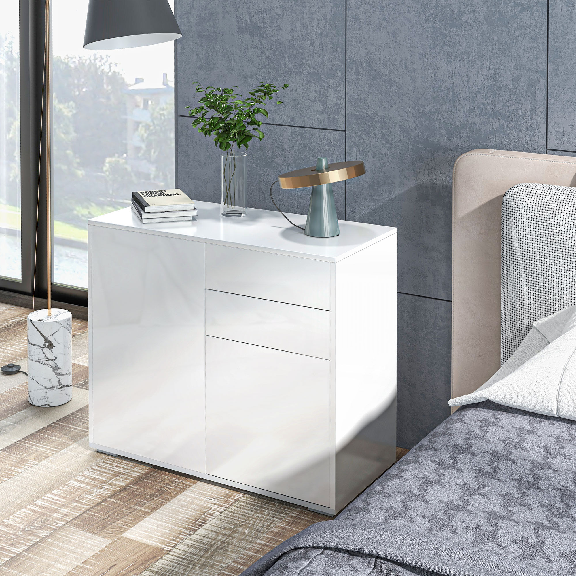 Commode buffet 2 tiroirs 2 portes blanc laqu� - 2