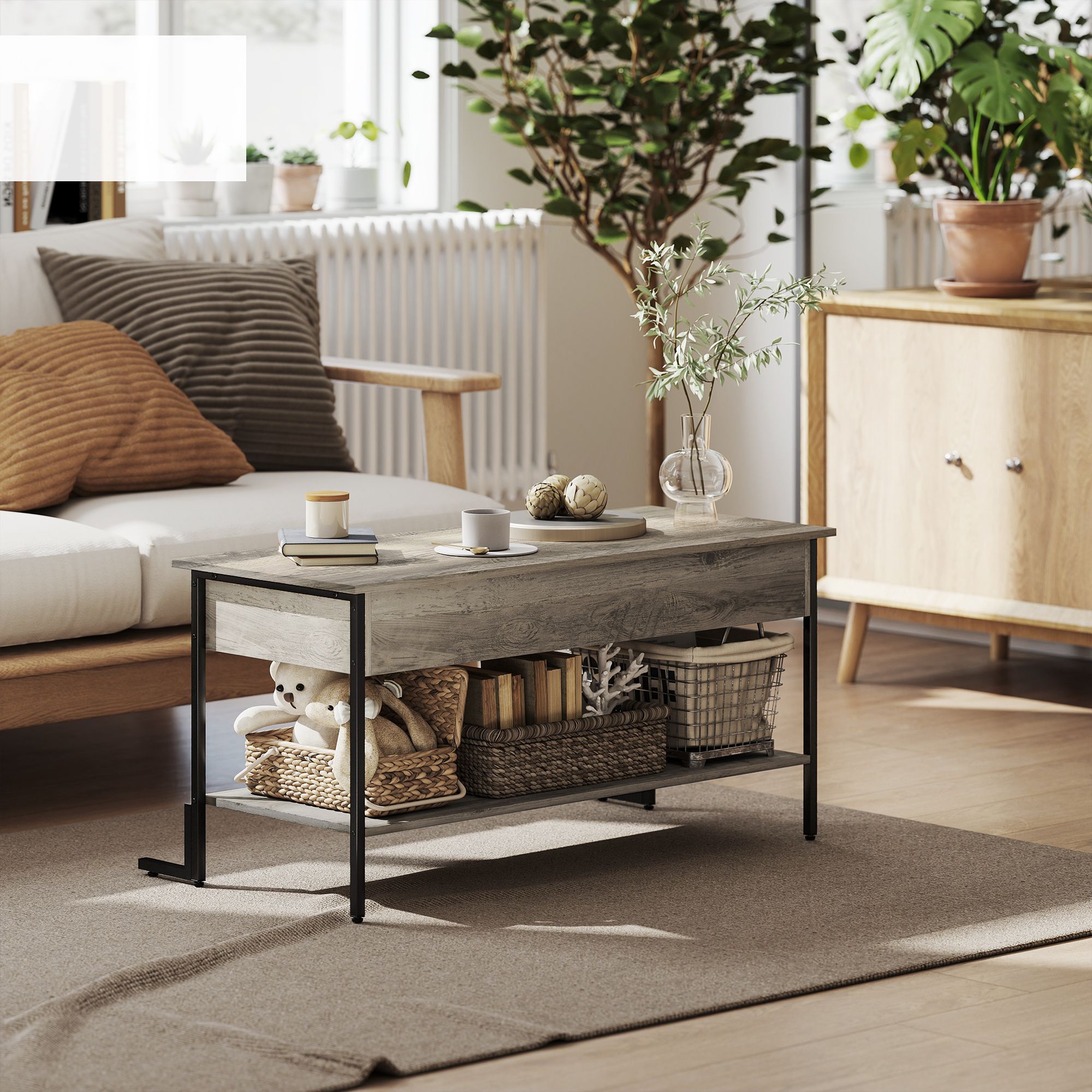 Table basse avec plateau relevable panneau de particules gris - 2