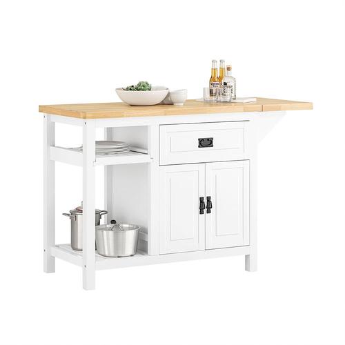 Sobuy Ilot Central De Cuisine Avec Plan De Travail Extensible En Bois D'hévéa, 2 Portes, 2 Tiroirs Et Espace De Rangement, Armoire De Rangement, Placard De Cuisine, 110/145 X 60 X 95 Cm, Knl06-Wn