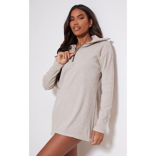 Robe Pull Oversize Côtelée Sable À Col Haut Et Demi-Zip, 44