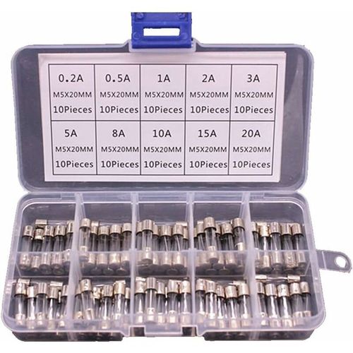 100 fusibles en verre 5x20mm en boite Fusible 0.2A 20A