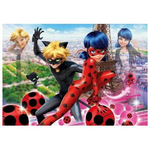 Puzzle Miraculous 104 Pieces Ladybug Et Chat Noir A Paris 38x27cm - Super Heros Dessin Anime - Des 6 Ans - Puzzle Enfant + Carte