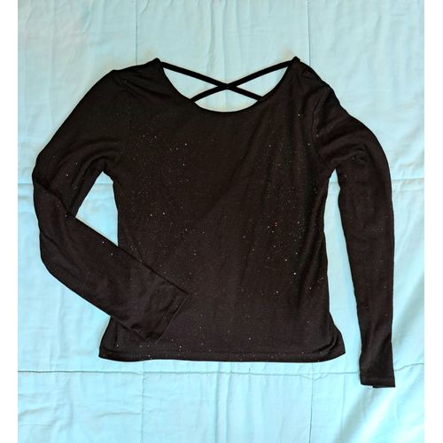 Pull Court Fin Chic Soirée Femme Sweat Manches Longues Paillettes Strass Noir Lacets Dos 36 S Top Tendance