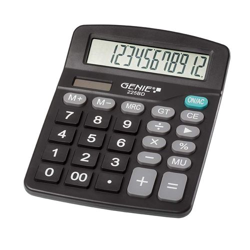 Genie 225 BD Calculatrice de bureau 12 chiffres Dual-Power (Solar et batterie) Design compact Noir