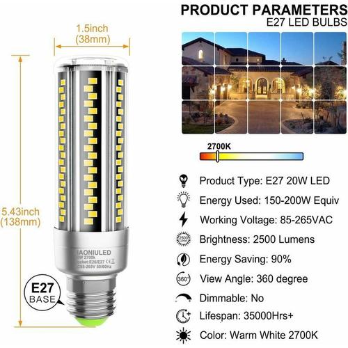 Ampoule Led E27 20w Blanc Chaud ¿¿Quivalent Ampoules ¿¿ Incandescence 200w, Lampes E27 Led 2700k 2500lm Ampoules Ma?S Edison E27 Culot ¿¿ Vis Ampoule Maison Led Non Dimmable, Lot De 2