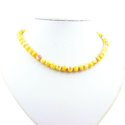 Collier Perles Jaspe Jaune Violet 8 Mm Chaine En Acier Inoxydable.
