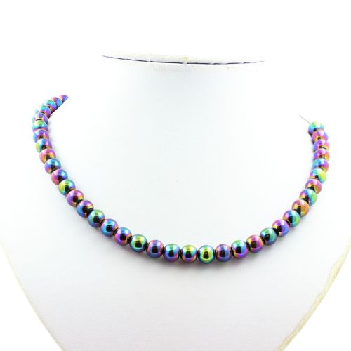 Collier Perles Hématite Multicolore 8 Mm Chaine En Acier Inoxydable.