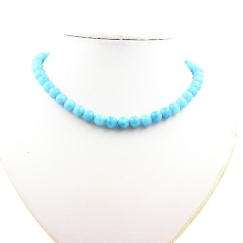 Collier Perles Calcédoine Bleu 8 Mm Chaine En Acier Inoxydable.