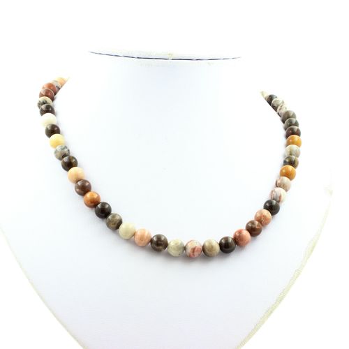Collier Perles Bois Pétrifié 8 Mm Chaine En Acier Inoxydable.