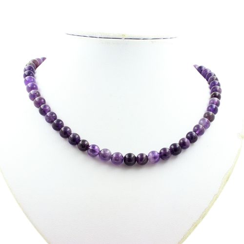 Collier Perles Améthyste 8 Mm Chaine En Acier Inoxydable.