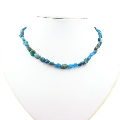 Collier Perles Apatite Bleu Du Brésil Chaine En Acier Inoxydable.
