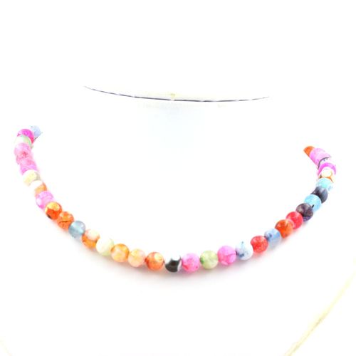 Collier Perles Agate Craquelé Multicolore 8 Mm Chaine En Acier Inoxydable.