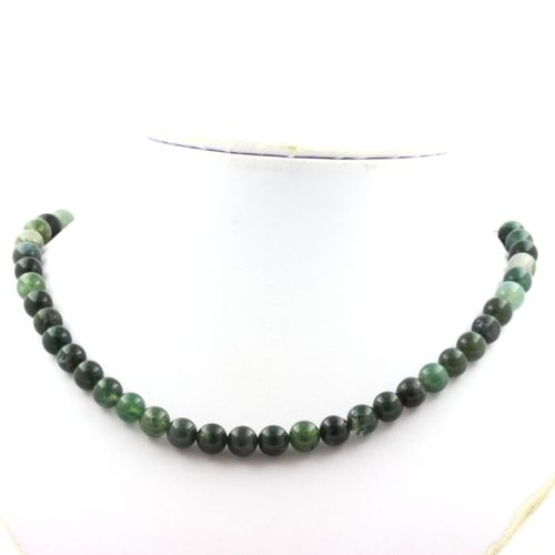 Collier Perles Agate Mousse 8 Mm Chaine En Acier Inoxydable.