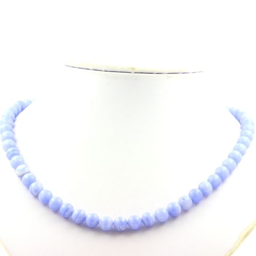 Collier Perles Agate Crazy Lace Bleu 8 Mm Chaine En Acier Inoxydable.