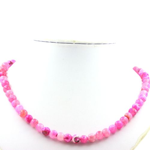 Collier Perles Agate Craquelé Fuchsia 8 Mm Chaine En Acier Inoxydable.