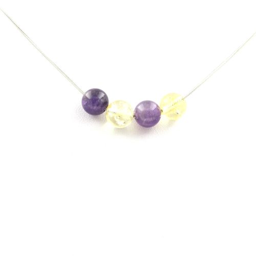 Collier 4 Perles Améthyste + Agate Jaune 8 Mm Chaine En Acier Inoxydable.
