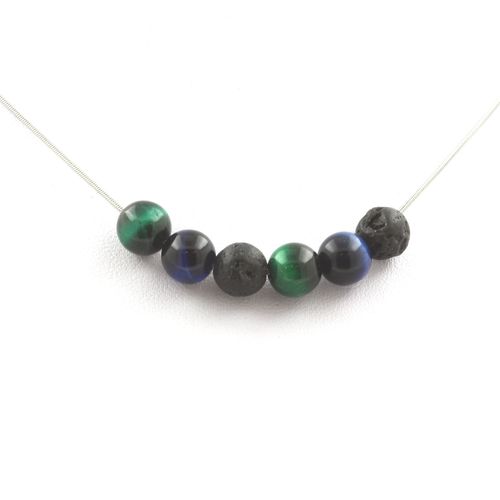 Collier Perles Oeil De Tigre Vert + Oeil De Tigre Bleu Clair + Lave 8 Chaine En Acier Inoxydable.