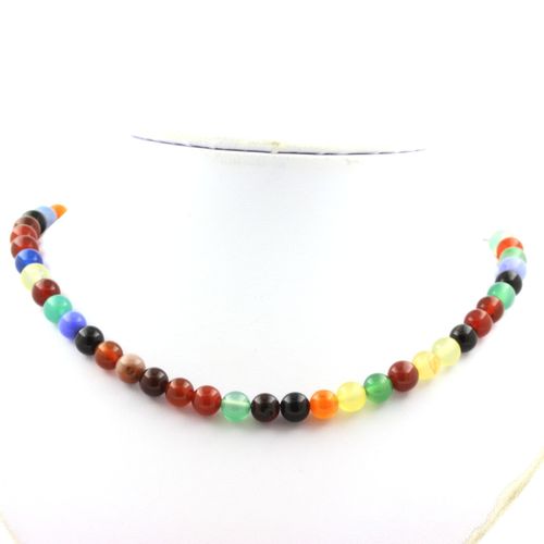 Collier Perles Agate Multicolore 8 Mm Chaine En Acier Inoxydable.