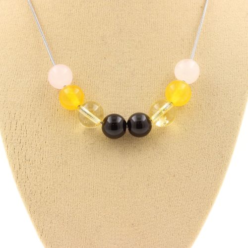 Collier Perles Obsidienne Noire + Agate Jaune + Citrine + Quartz Rose Chaine En Acier Inoxydable.