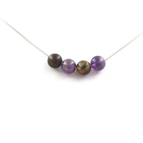 Collier Perles Oeil De Tigre Multicolore + Améthyste 8 Mm Chaine En Acier Inoxydable.
