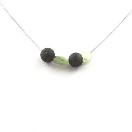 Collier Apatite Verte De Madagascar + Perles Lave 8 Mm Chaine En Acier Inoxydable.