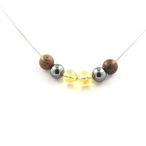 Collier Perles Citrine + Hématite + Bois 8 Mm Chaine En Acier Inoxydable.