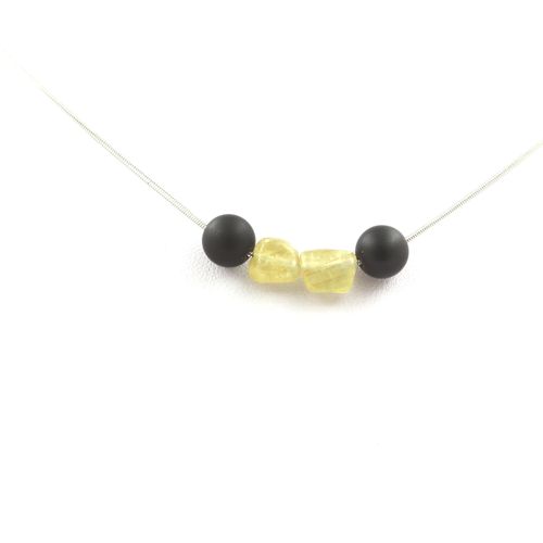 Collier Apatite Jaune De Madagascar + Perles Onyx Noir Mat 8 Mm Chaine En Acier Inoxydable.