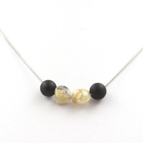 Collier Perles Onyx Noir Mat + Opale Multicolore D'australie 8 Mm Chaine En Acier Inoxydable.