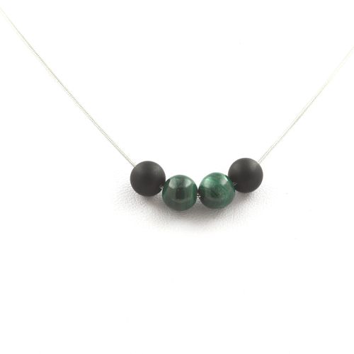 Collier Perles Onyx Noir Mat + Malachite Du Congo 8 Mm Chaine En Acier Inoxydable.