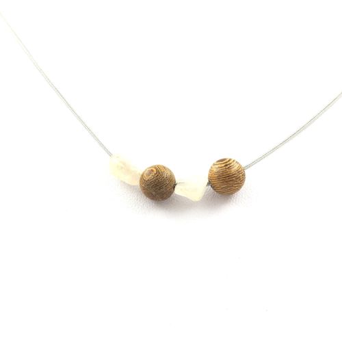 Collier 4 Perles Quartz À Rutile Doré Du Brésil + Perles Bois 8 Mm Chaine En Acier Inoxydable.