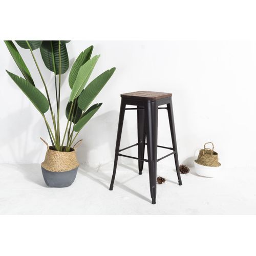 Kosmi - Tabouret De Bar En Métal Noir Mat Et Assise En Bois Foncé, Tabouret Métal Et Bois Haut Hauteur 76cm Parfait Pour Table De 100 Cm Et Plus
