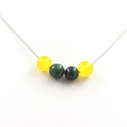 Collier Perles Agate Jaune + Malachite Du Congo 8 Mm Chaine En Acier Inoxydable.
