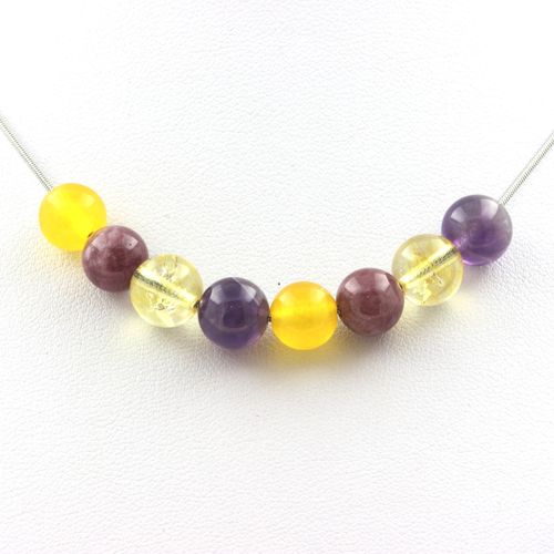 Collier Perles Agate Jaune + Lépidolite + Citrine + Améthyste 8 Mm Chaine En Acier Inoxydable.