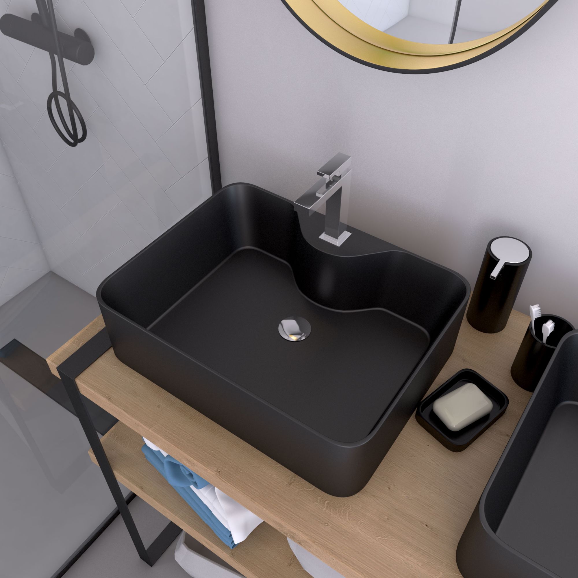 Vasque � poser rectangle en c�ramique noire - 48x37x13.5cm -...