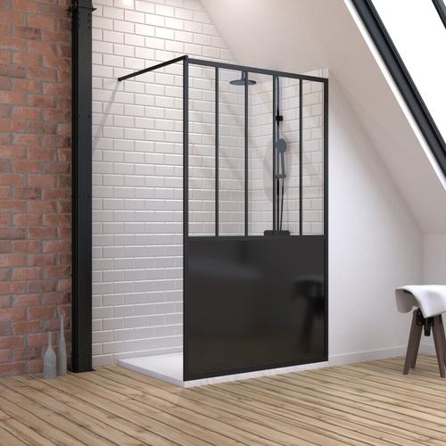 Pack Paroi de douche 120x200 cm noir mat - verre trempe 5mm + Receveur extra plat à poser - caniveau