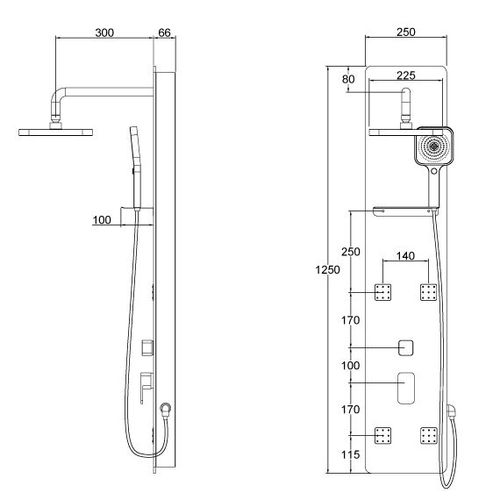 Colonne de douche Hydromassante - 25x125x6cm - Verre Noir 6mm - EPSILON 2