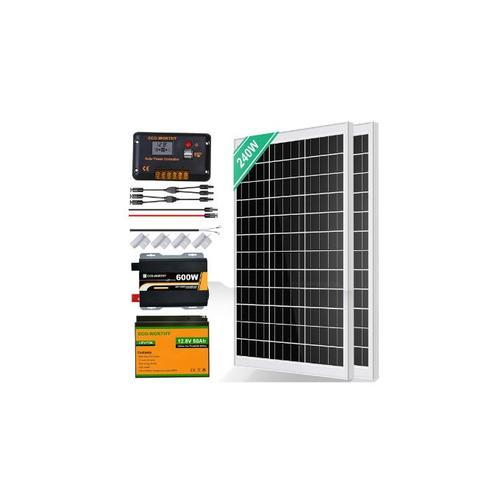 240W 12V Kit Solaire Autonome 2 Panneaux Solaire Onduleur Contrôleur De Charge Batterie Au Lithium Accessoire Câble Énergie Renouvelable