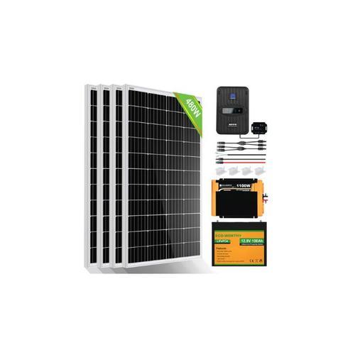 480W 12V Kit Solaire Autonome 4 Panneaux Solaire (4x120W) Onduleur Sinusoïdale Pure Régulateur MPPT Batterie Au Lithium Accessoire Câble Énergie Renouvelable