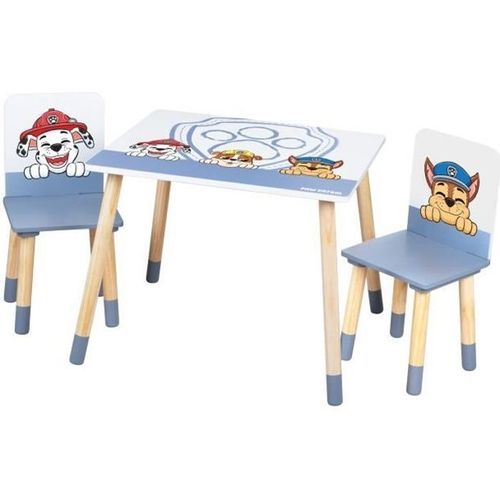Roba Pat Patrouille Ensemble Table + 2 Chaises Enfants - Motif Chien Chase Ruben & Marcus - Pieds En Bois Naturel - Blanc - Gris