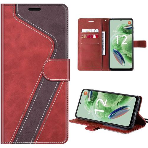 Coque Pour Xiaomi Redmi Note 12 5g, Rouge, Etui Épissé À Motif En Cuir Pu Avec Portefeuille Et Support (Pas Pour Redmi 12) - E.F.Connection