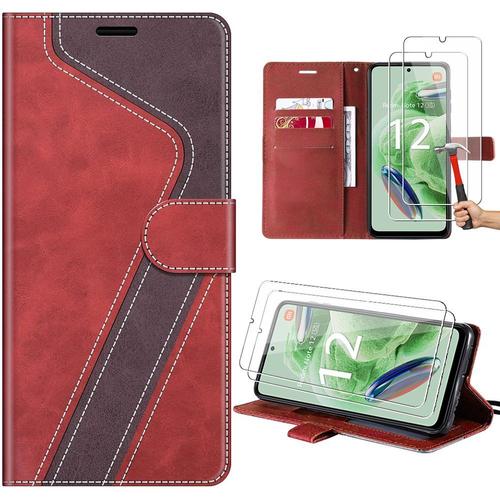 Coque Pour Xiaomi Redmi Note 12 5g Avec 2 Verres Trempés, Protection À Motif En Simili Cuir Rouge/Marron (Pas Pour Redmi 12) - E.F.Connection